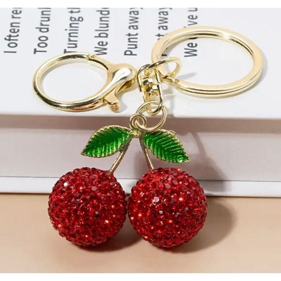Red Cherry Rhinestone Keychain Sparkle Pendant Bag Charm Cute Accessory - Picture 2 of 5